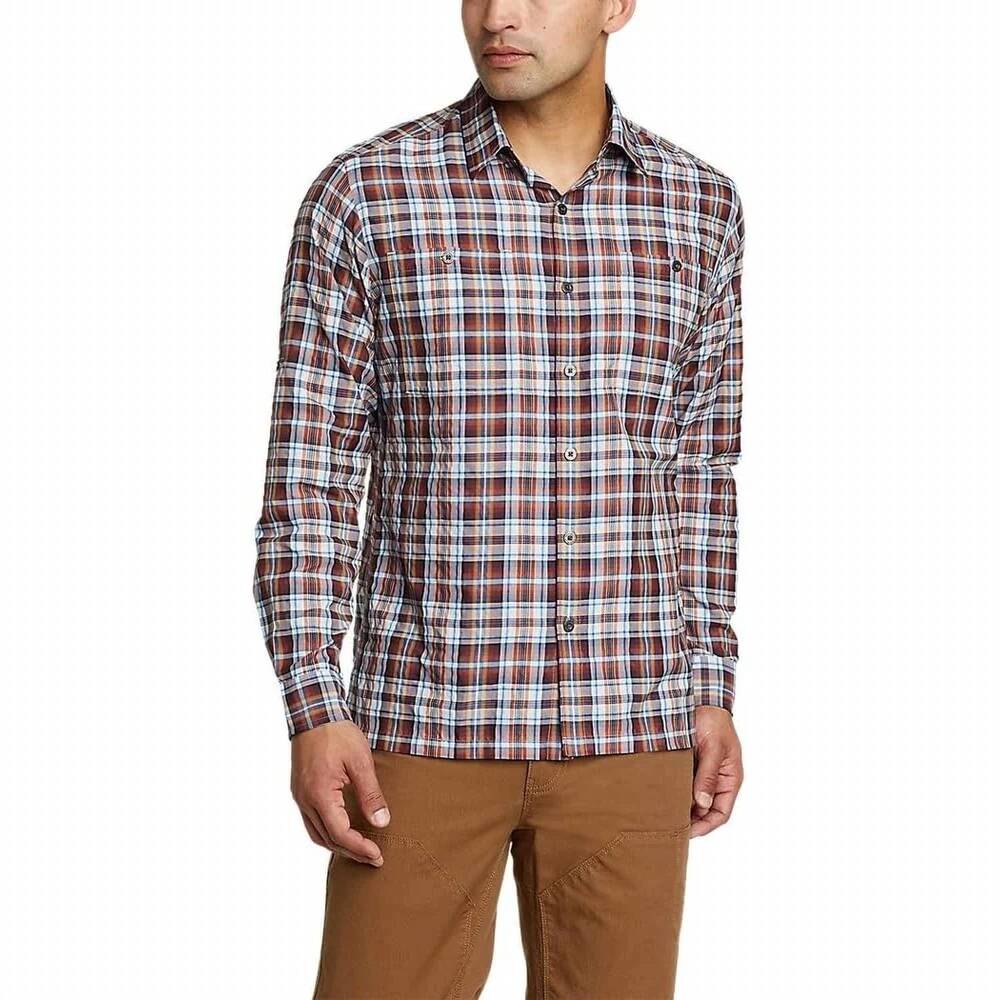 NEW EDDIE BAUER plaid rainier 2.0 long sleeve hiking shirt in sienna